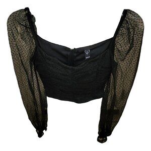 Windsor Black Top Sheer Polka Dot Sleeves Womens XS Crop Dance Festival  JJ3492